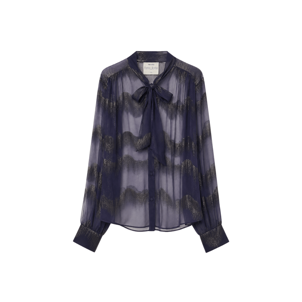 A sheer long-sleeve blouse in dark navy blue with a subtle wavy pattern, featuring a matching navy bow at the collar and a button-down front, shown against a plain white background.