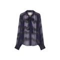 A sheer long-sleeve blouse in dark navy blue with a subtle wavy pattern, featuring a matching navy bow at the collar and a button-down front, shown against a plain white background.