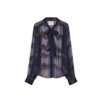 A sheer long-sleeve blouse in dark navy blue with a subtle wavy pattern, featuring a matching navy bow at the collar and a button-down front, shown against a plain white background.