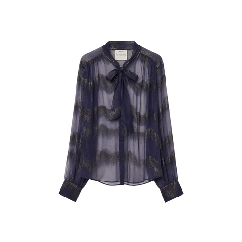 A sheer long-sleeve blouse in dark navy blue with a subtle wavy pattern, featuring a matching navy bow at the collar and a button-down front, shown against a plain white background.