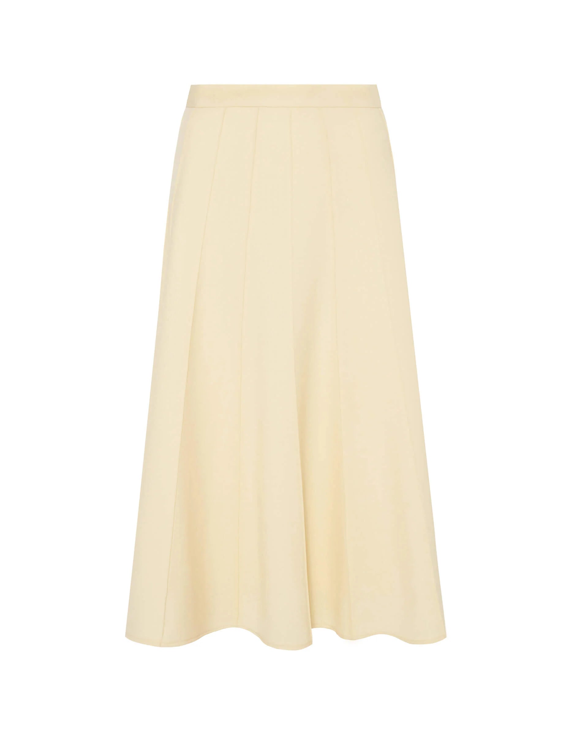 A beige flared midi skirt with ribbed panels, a regular waist with a strap, and a hidden zip opening on the side.