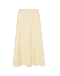 A beige flared midi skirt with ribbed panels, a regular waist with a strap, and a hidden zip opening on the side.