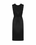 A black sheath dress with a crew neck, gathered waist, V-neckline, and pleat on the back. There is a visible zip opening on the side.
