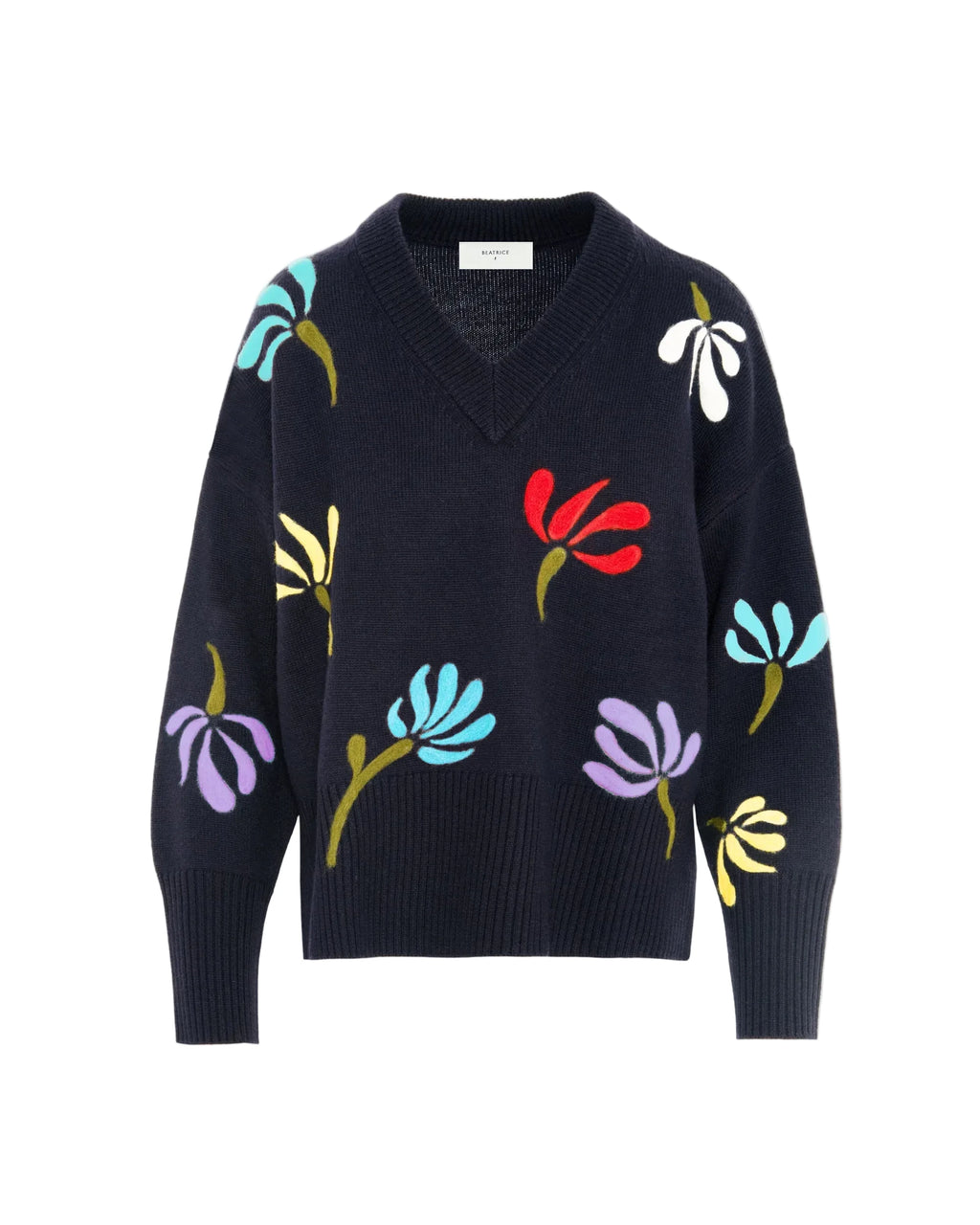 dark navy  sweater with colorful floral patterns on a white background