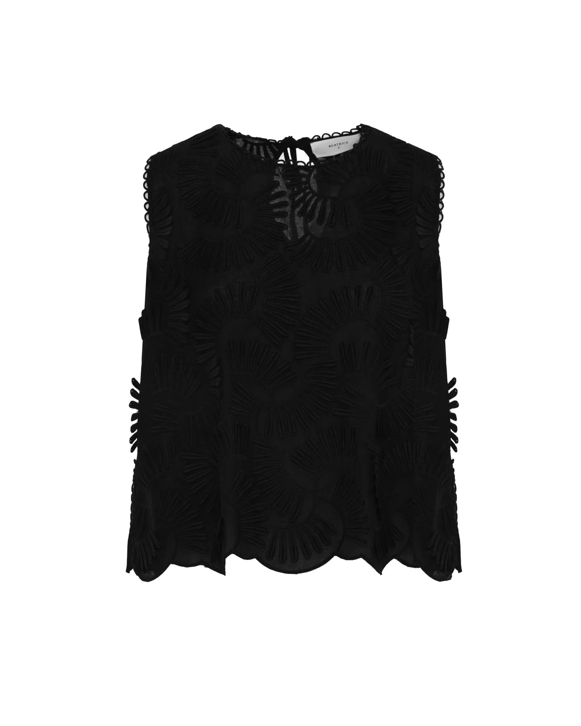 Black sleeveless top with lace details on a white background