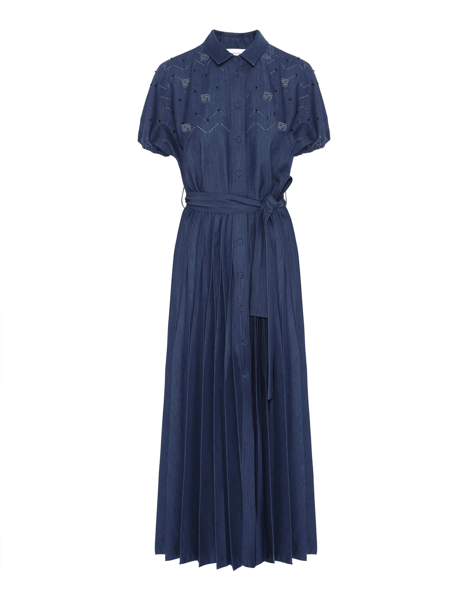 Estella Pleated and Hand Embroidery Denim Dress