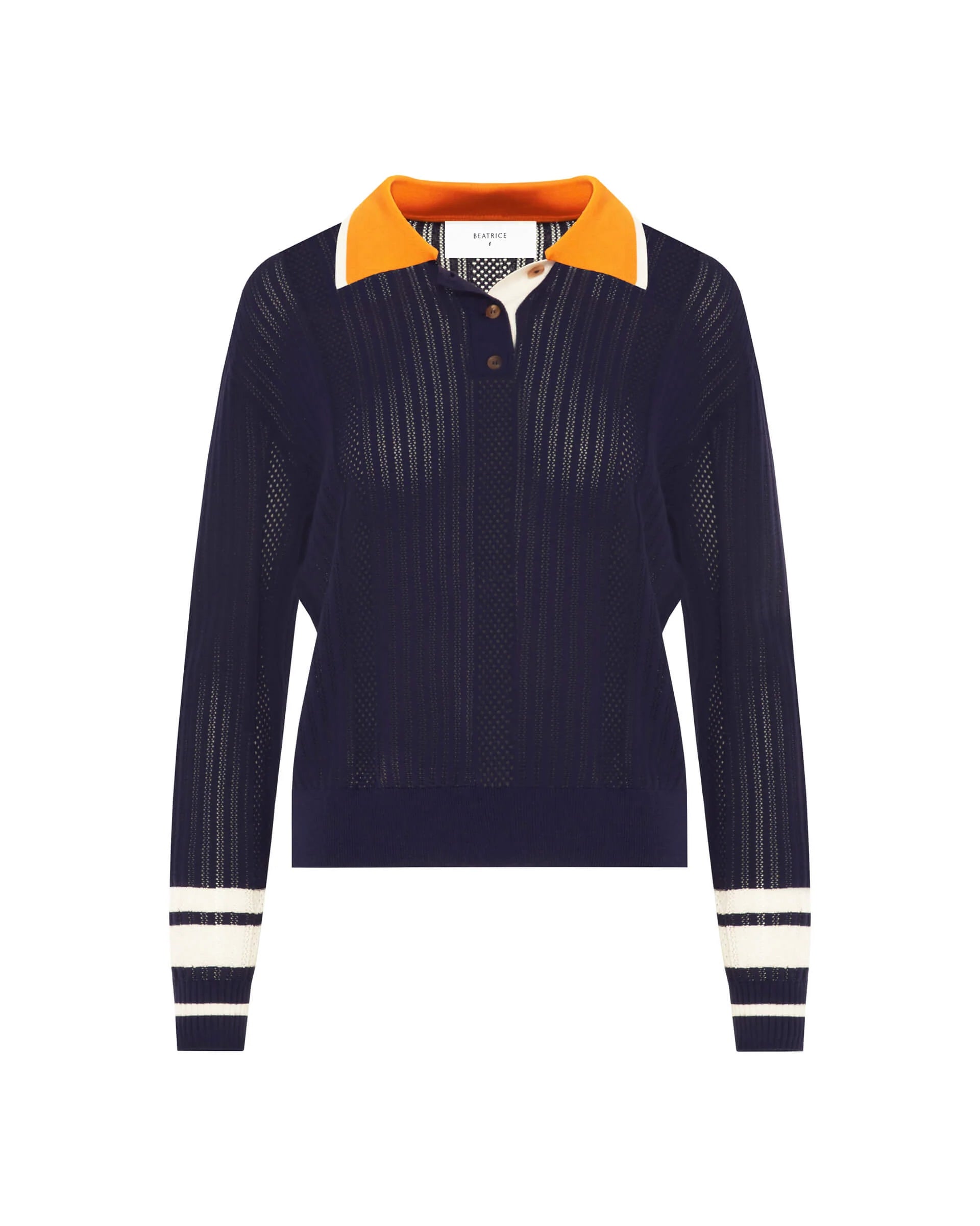 Navy sweater with orange collar and white stripes on sleeves against a white background