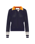 Navy sweater with orange collar and white stripes on sleeves against a white background