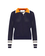 Navy sweater with orange collar and white stripes on sleeves against a white background