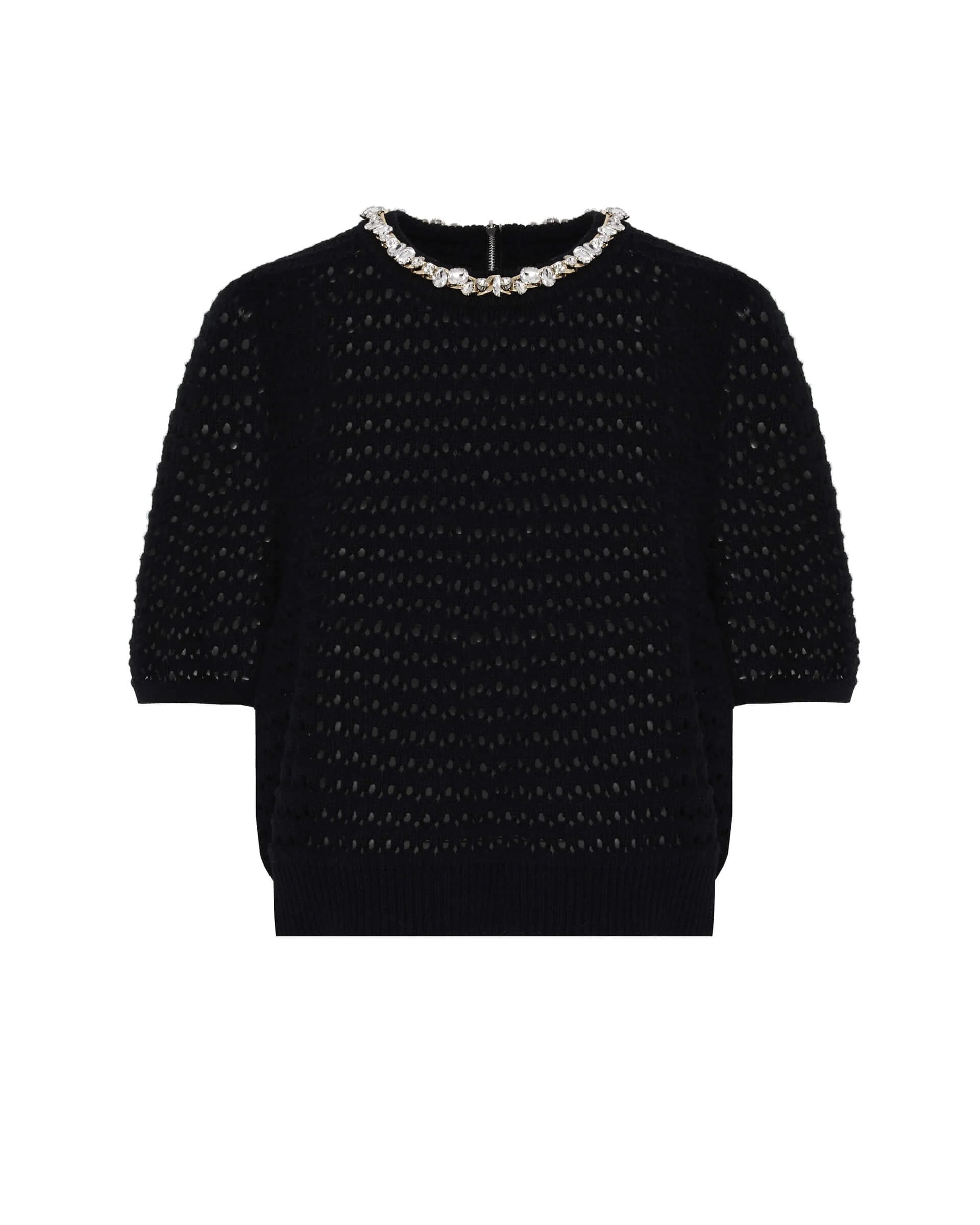 Black textured sweater with a patterned collar on a white background