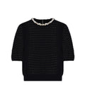 Black textured sweater with a patterned collar on a white background