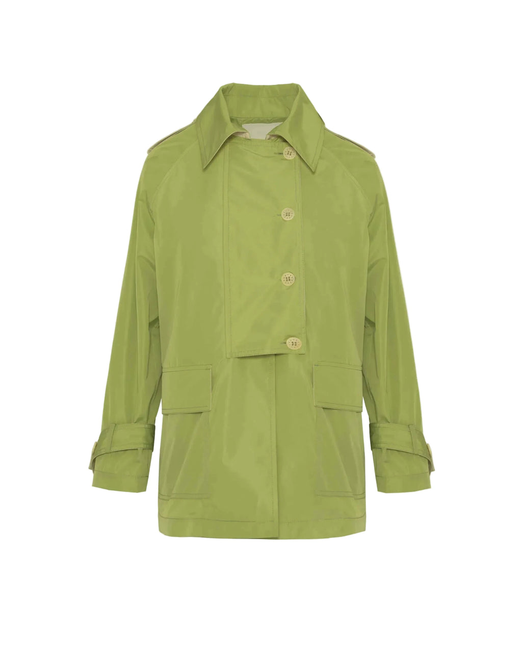 A light olive green raincoat with a collar, three front buttons, and two large front flap pockets, shown against a plain white background.