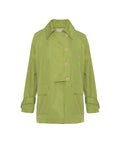 A light olive green raincoat with a collar, three front buttons, and two large front flap pockets, shown against a plain white background.