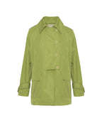 A light olive green raincoat with a collar, three front buttons, and two large front flap pockets, shown against a plain white background.