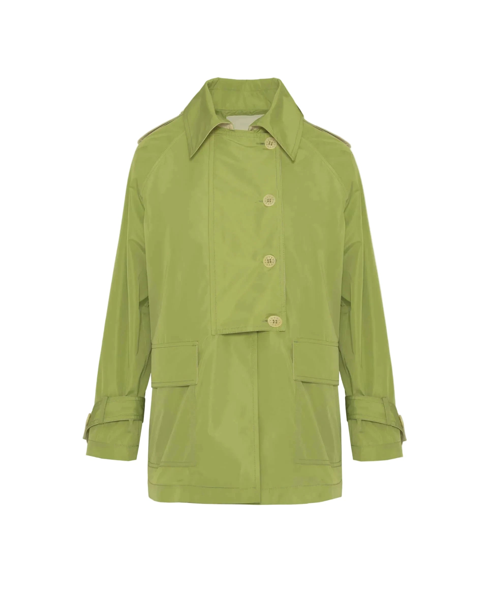 A light olive green raincoat with a collar, three front buttons, and two large front flap pockets, shown against a plain white background.