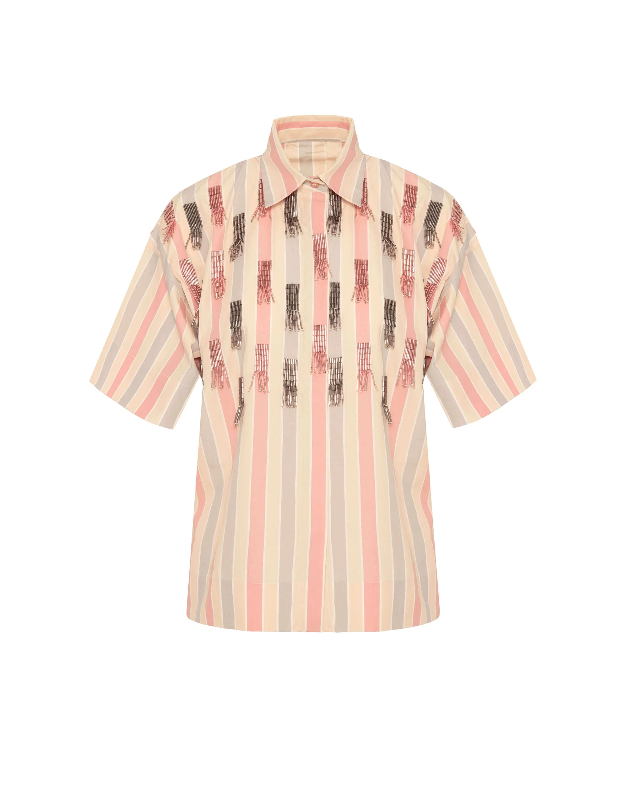 A short-sleeve button-up shirt with vertical stripes in beige, pink, and gray, accented with dark brown feather-like patterns down the center front, shown on a plain white background.