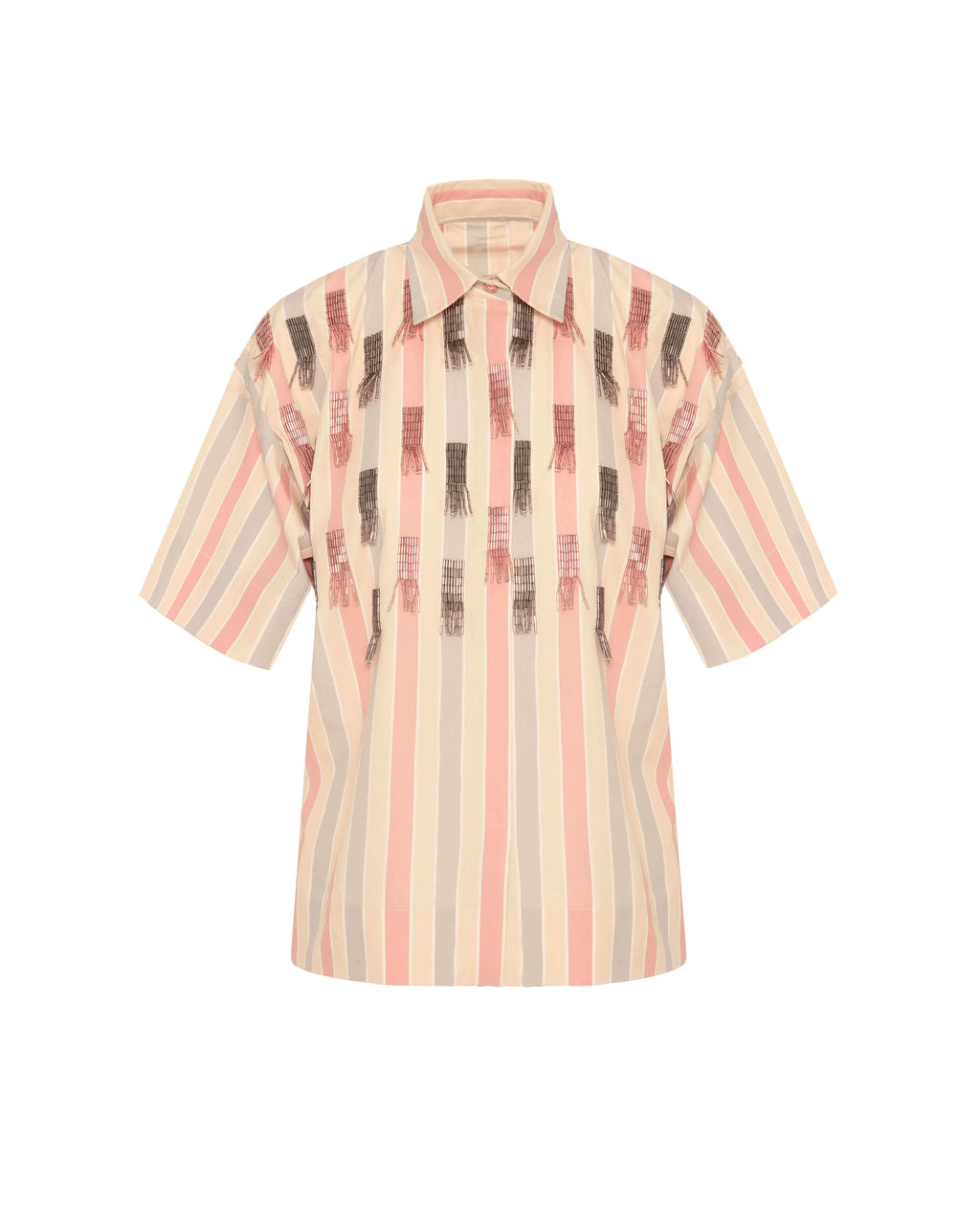 A short-sleeve button-up shirt with vertical stripes in beige, pink, and gray, accented with dark brown feather-like patterns down the center front, shown on a plain white background.