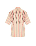 A short-sleeve button-up shirt with vertical stripes in beige, pink, and gray, accented with dark brown feather-like patterns down the center front, shown on a plain white background.
