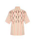 A short-sleeve button-up shirt with vertical stripes in beige, pink, and gray, accented with dark brown feather-like patterns down the center front, shown on a plain white background.