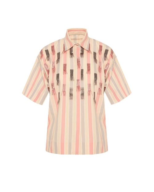 A short-sleeve button-up shirt with vertical stripes in beige, pink, and gray, accented with dark brown feather-like patterns down the center front, shown on a plain white background.
