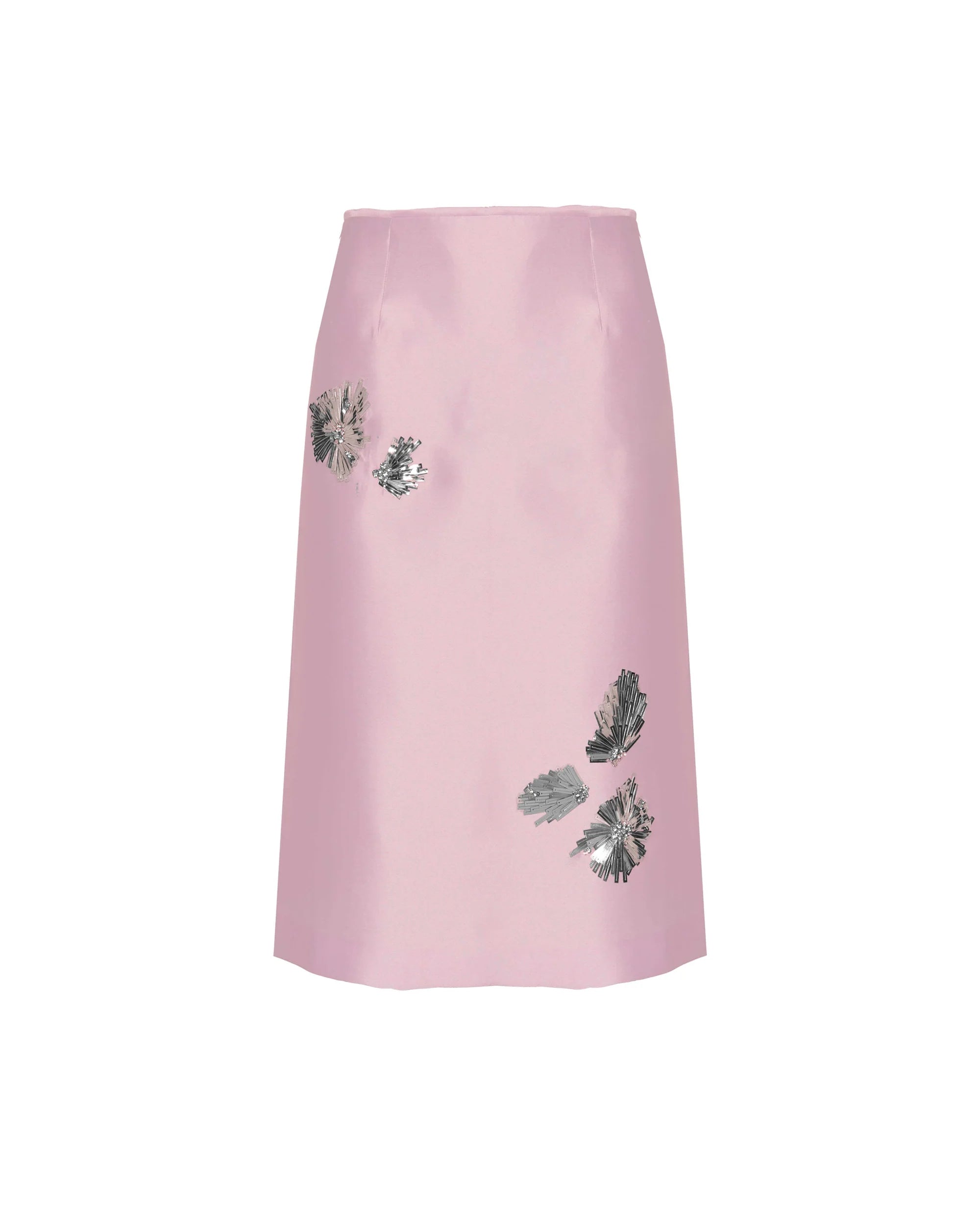 Pink skirt with floral embellishments on a white background