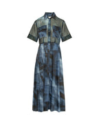 Long dress with a patterned skirt and button-up top on a white background