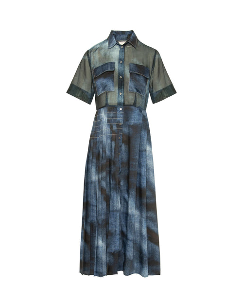 Long dress with a patterned skirt and button-up top on a white background