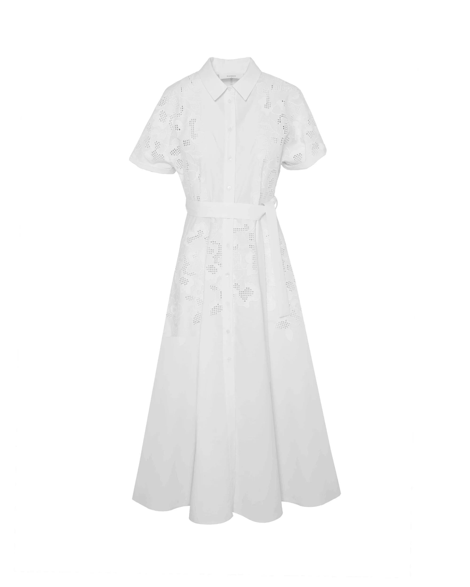 A white short-sleeve midi dress with a pointed collar, button front, and delicate floral embroidery, shown against a plain white background.
