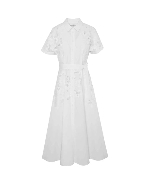 A white short-sleeve midi dress with a pointed collar, button front, and delicate floral embroidery, shown against a plain white background.