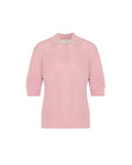 A light pink ribbed knit polo shirt with three-quarter sleeves and a three-button placket, displayed on a clean white background.