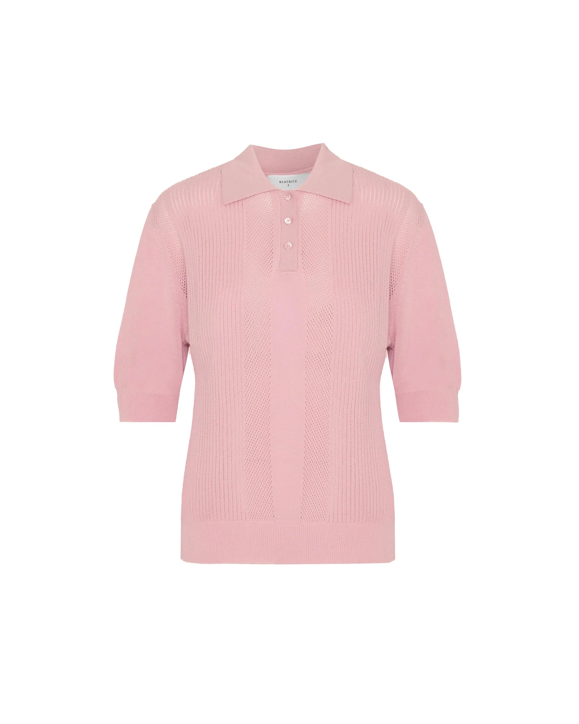 A light pink ribbed knit polo shirt with three-quarter sleeves and a three-button placket, displayed on a clean white background.
