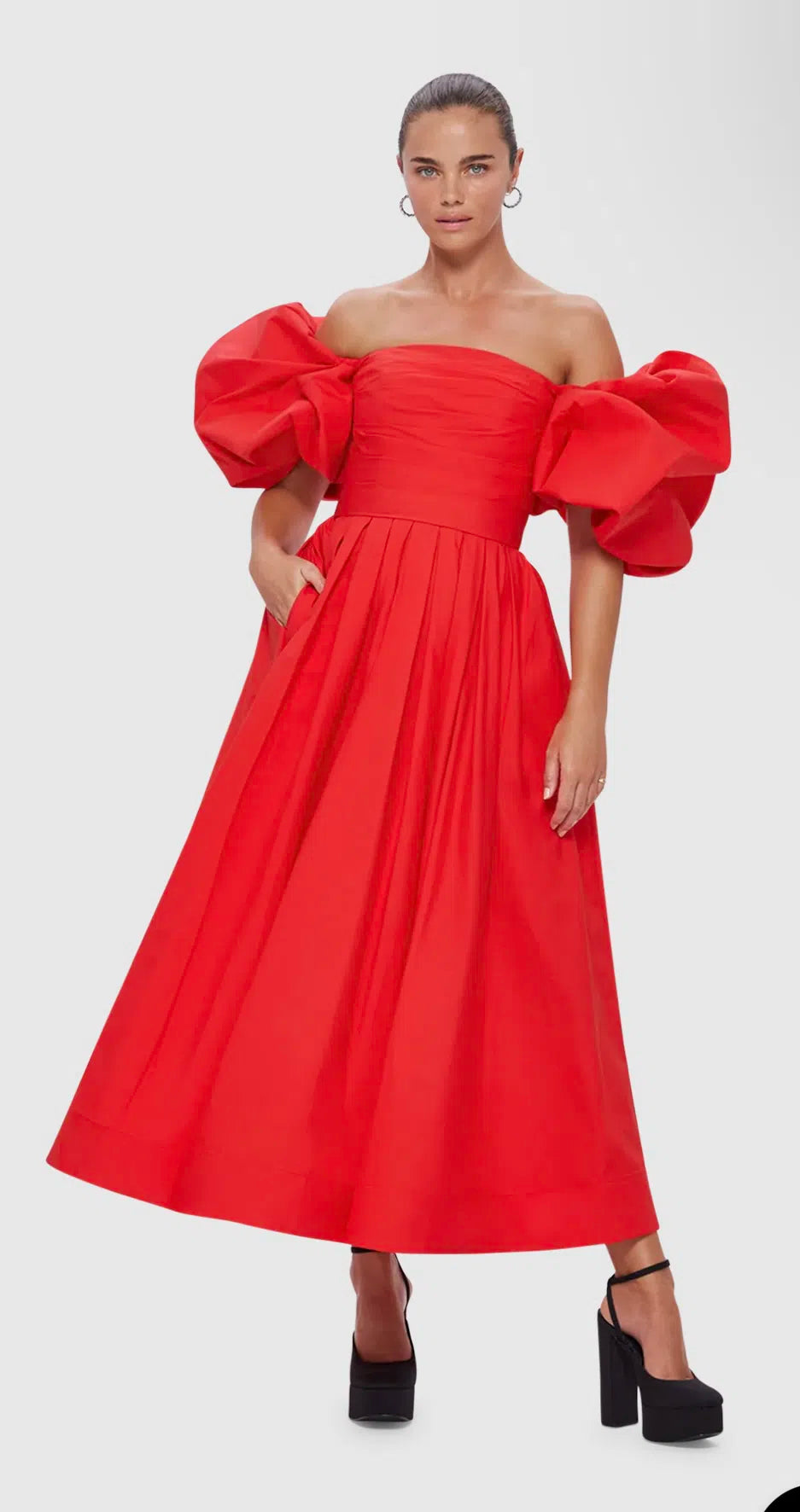 LEO LIN - Matilda Puff Sleeve Midi Dress in Scarlet