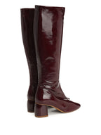 Pair of burgundy knee-high boots on a white background