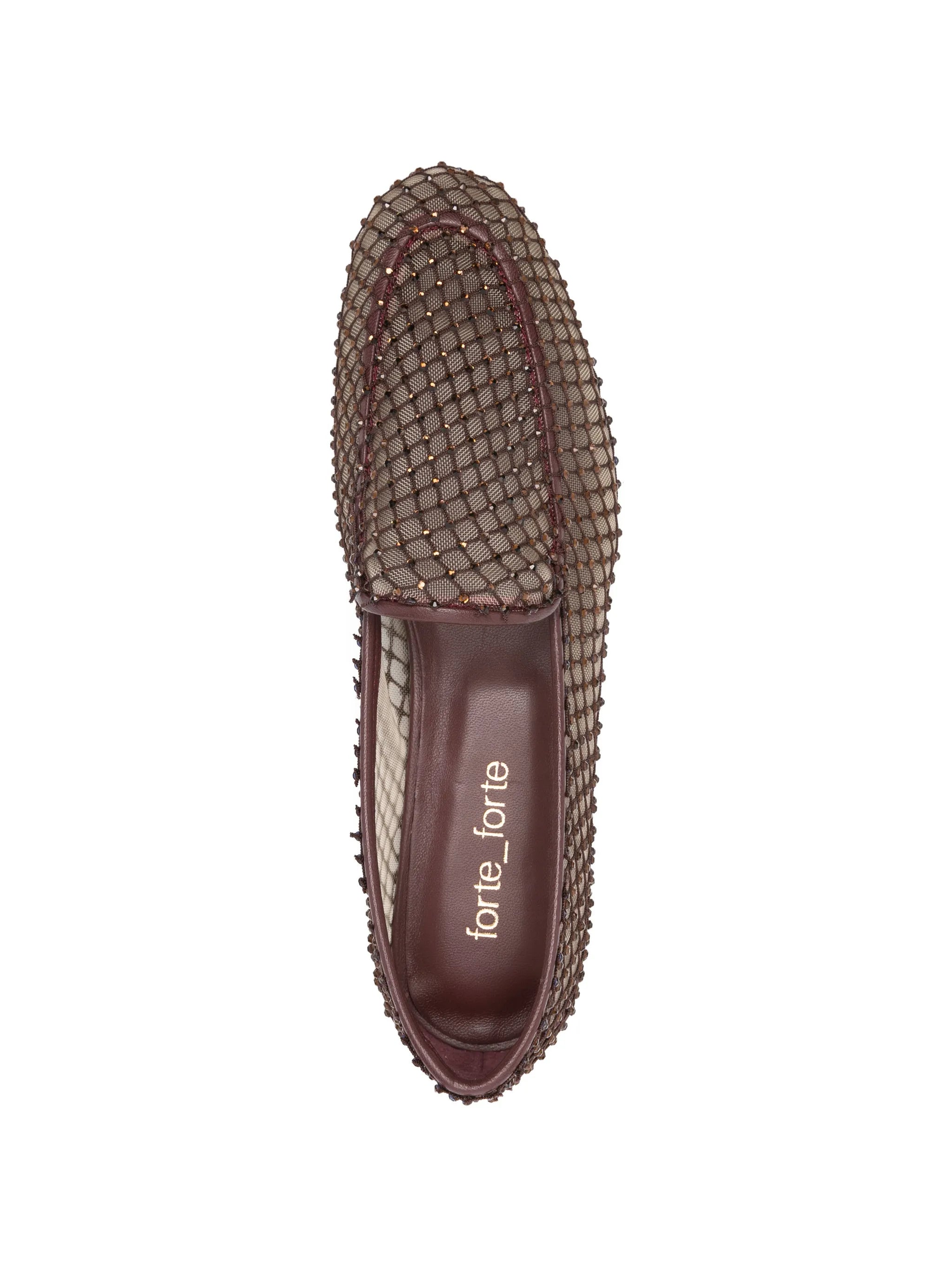 Brown flat shoe with mesh design on a white background