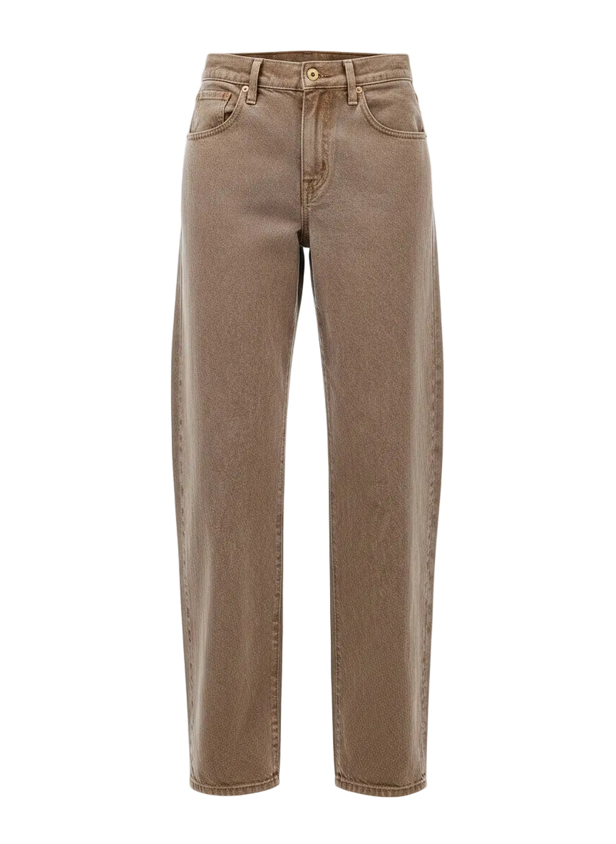A pair of straight-leg jeans in a washed taupe-brown wash, displayed on a clean white background.