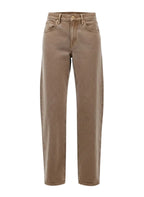 A pair of straight-leg jeans in a washed taupe-brown wash, displayed on a clean white background.