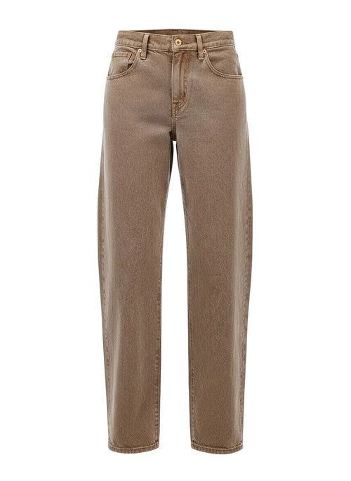 A pair of straight-leg jeans in a washed taupe-brown wash, displayed on a clean white background.