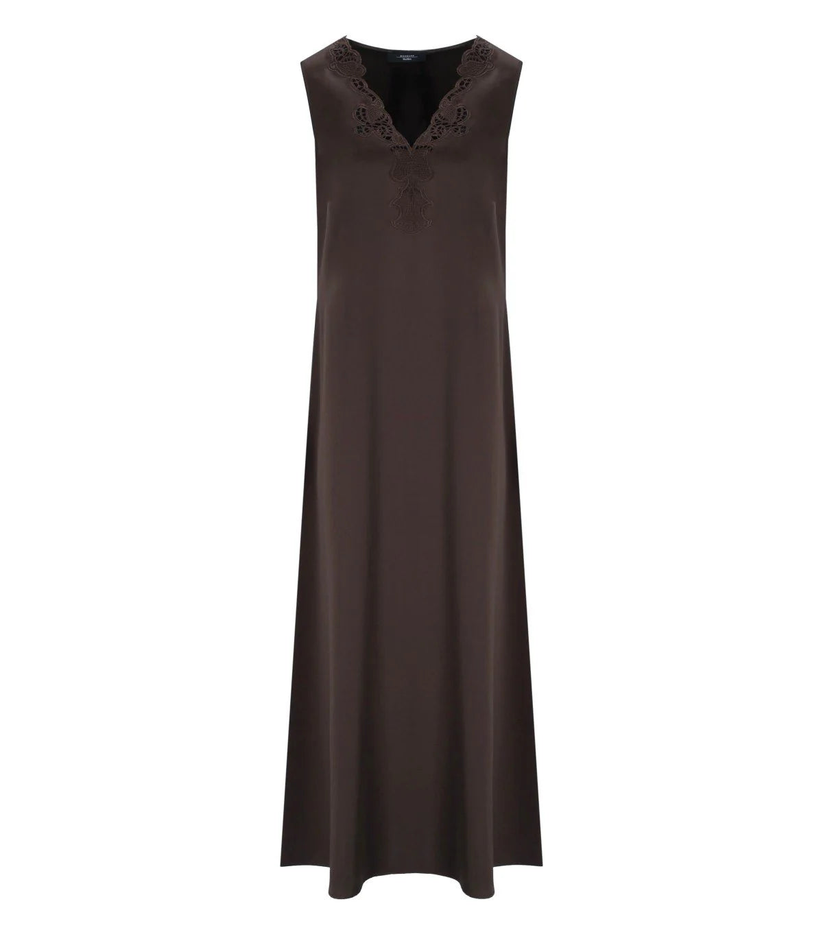 Brown dress with black lace details on a white background