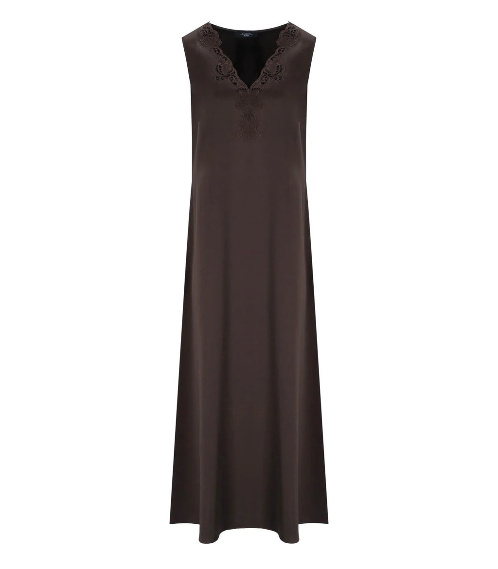 Brown dress with black lace details on a white background