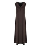Brown dress with black lace details on a white background
