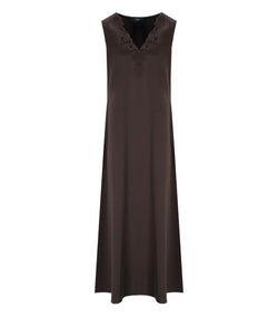 Brown dress with black lace details on a white background