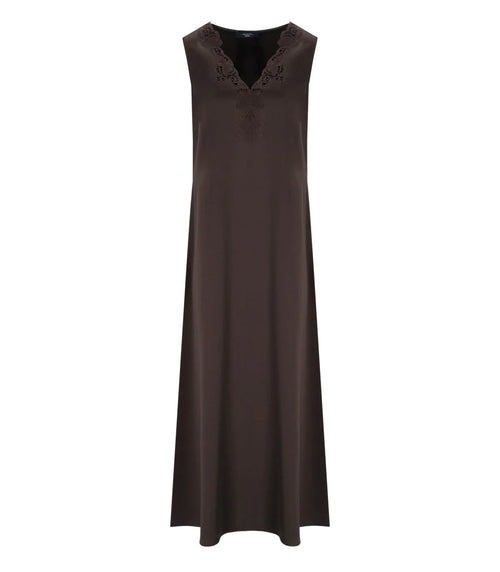 Brown dress with black lace details on a white background