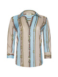 A long-sleeve button-up shirt by Versace, featuring a beige and light blue base with a vertical chain-link print in gold and brown, displayed on a clean white background.