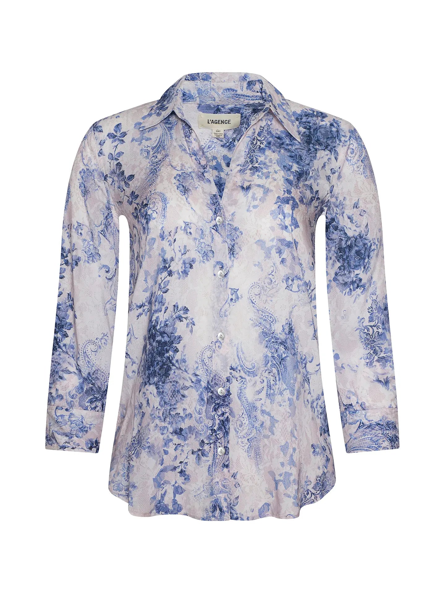 l'agence White blouse with blue floral pattern on a white background