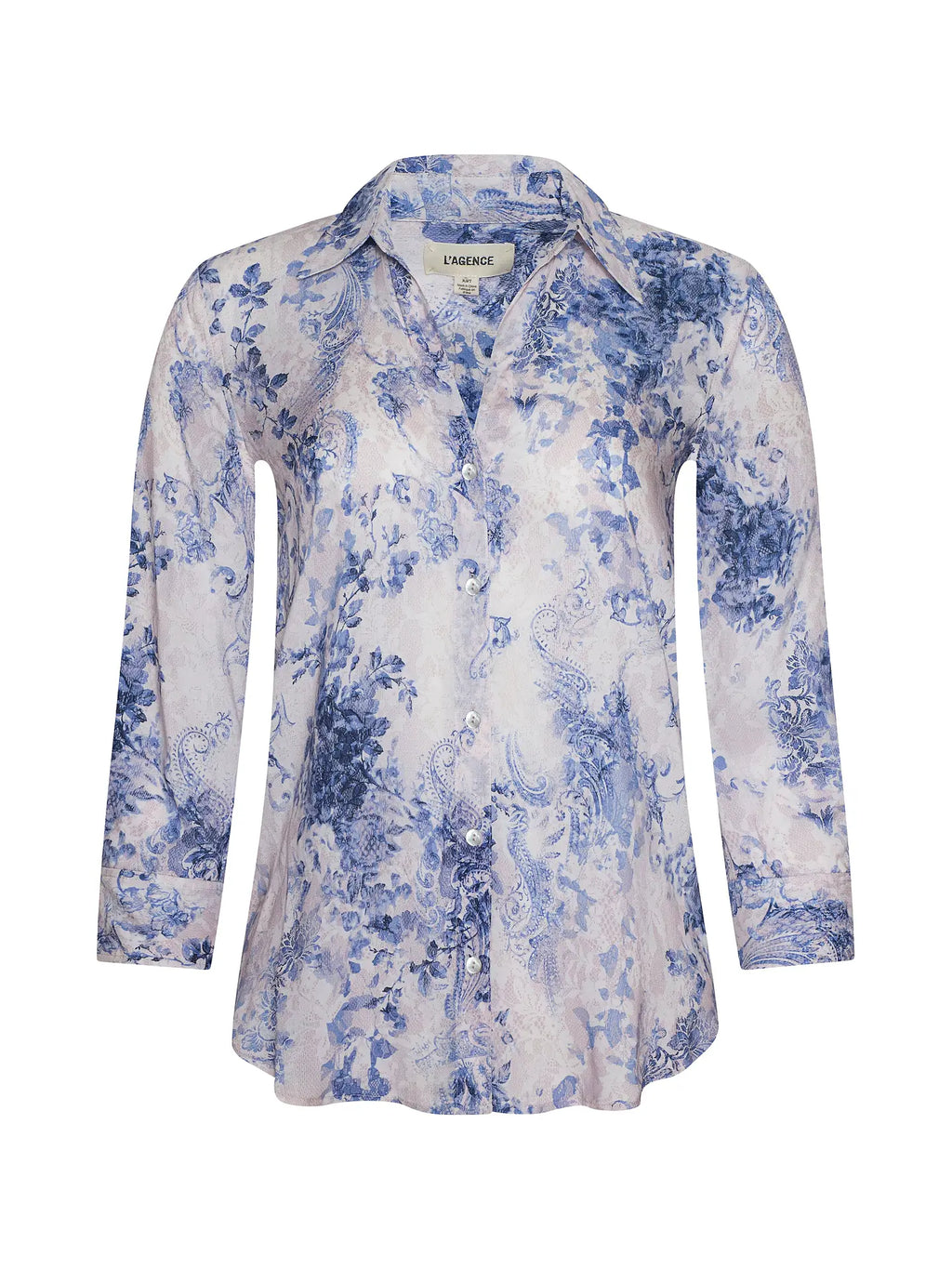 l'agence White blouse with blue floral pattern on a white background