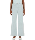 Light blue wide-leg jeans worn by a person on a white background