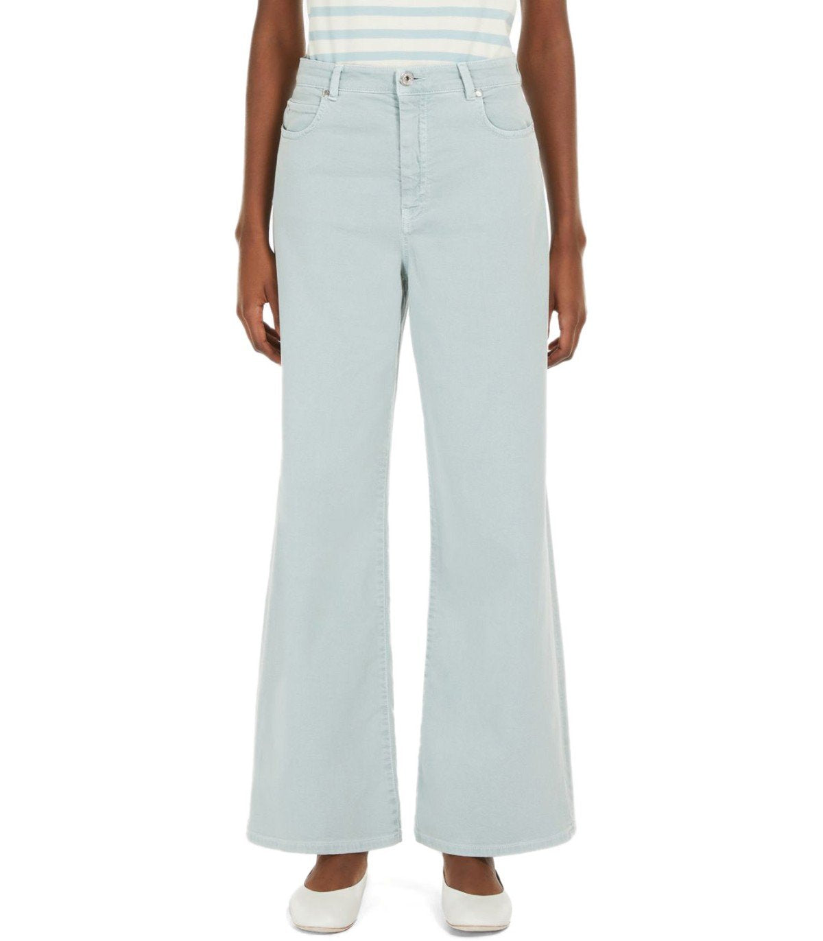 Light blue wide-leg jeans worn by a person on a white background