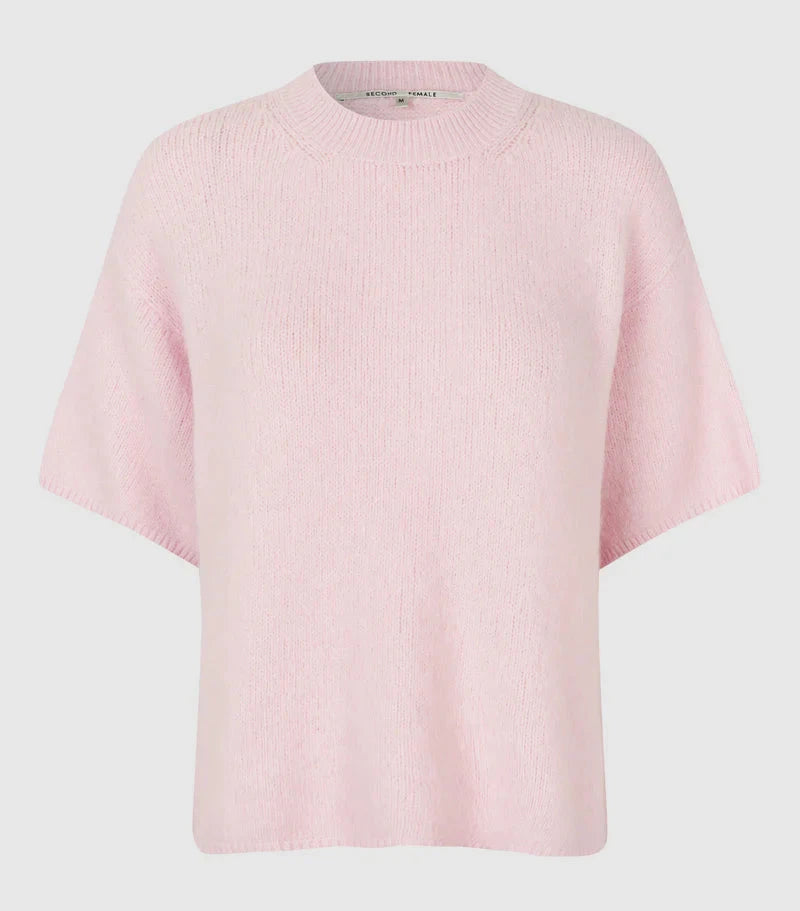 second female Wanda Pink sweater on a light gray background.shop online.
