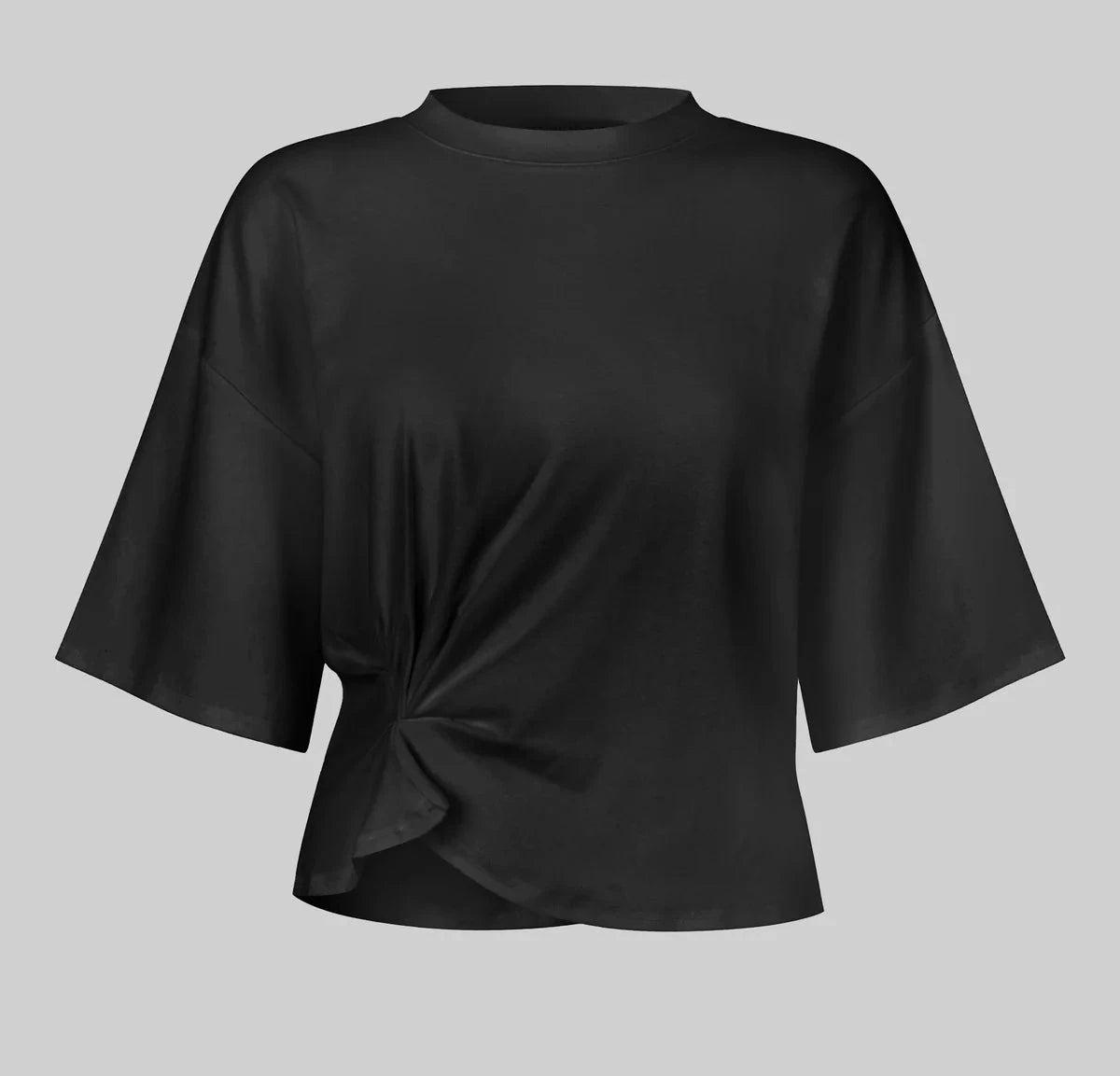 second female Black top with a knot detail on a gray background