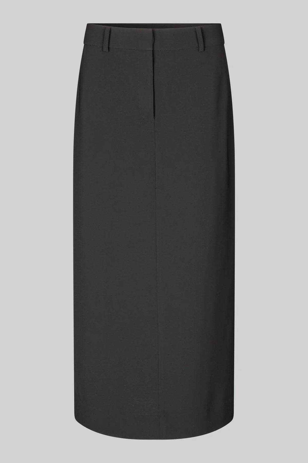 A black, straight maxi skirt with a concealed zip, hook and button fastening at the front, side pockets, and a deep slit at the back.